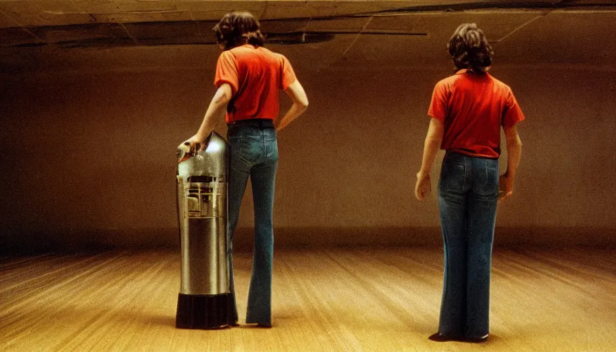 Prompt: 7 0 s film still from a horror movie with one person standing omniously in an abandoned bowling alley, kodachrome, cinecolor, cinestill, photorealism, cinematic, film grain, film texture, vhs recording