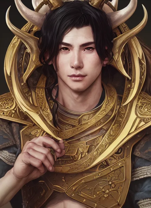 Image similar to portrait of a handsome young warrior with horns, clean - shaven, realistic anime, intricate, highly detailed, unreal engine 5, 8 k, digital fantasy illustration, art by rossdraws and alphonse mucha, sharp focus, octane render, trending on artstation,