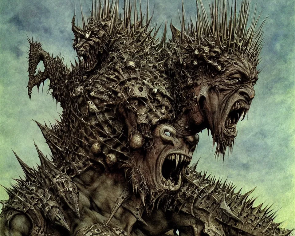 Image similar to A muscular, large fanged orc with pale skin covered in scars stands near the hills, wearing spiky, complex, detailed armor without a helmet. Extremely high detail, realistic, fantasy art, masterpiece, art by Zdzisław Beksiński, Arthur Rackham