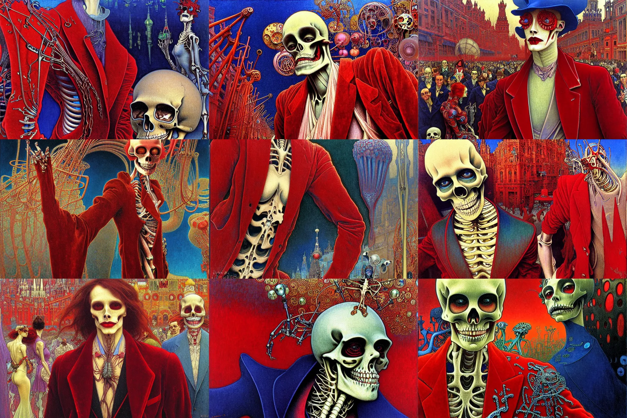 Image similar to realistic detailed closeup portrait painting of a single skeleton wearing red velvet blazer in a crowded futuristic moscow street by Jean Delville, Amano, Yves Tanguy, Alphonse Mucha, Ernst Haeckel, Edward Robert Hughes, Roger Dean, rich moody colours, blue eyes