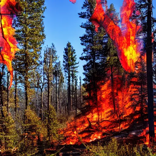 Prompt: wild fire, forest, photo realistic, clear blue sky