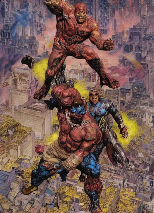Prompt: josh brolin as mutated superhero battle carnage, city, by lawrence alma tadema and zdzislaw beksinski and norman rockwell and jack kirby and tom lovell and greg staples