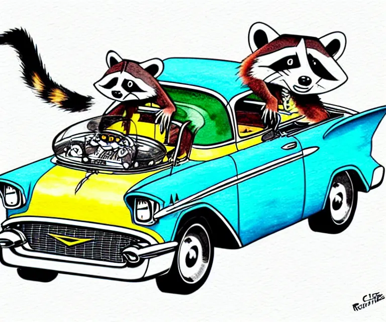 Prompt: cute and funny, racoon wearing a helmet riding in a tiny 1 9 5 7 chevy coupe, ratfink style by ed roth, centered award winning watercolor pen illustration, isometric illustration by chihiro iwasaki, edited by range murata