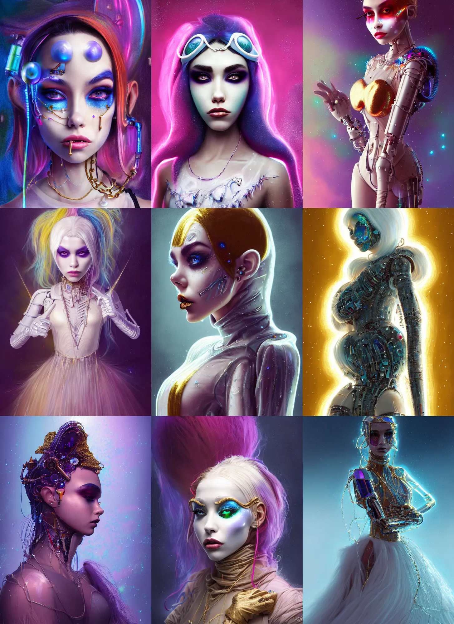 Prompt: disney 8 k photo, lush glassy resplendent pearlescent ivory chained emo clowncore prom cyborg madison beer, fashion art, ( golden ratio ), arctic, sci fi, fantasy, cyberpunk, intricate, decadent, highly detailed, digital painting, octane render, artstation, concept art, smooth, sharp focus, illustration, art by loish, wlop