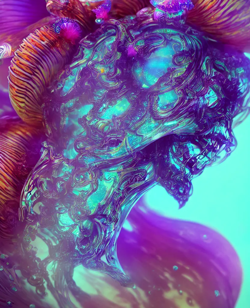 Image similar to goddess close-up portrait. dichroic orchid jellyfish phoenix head, nautilus, skull, betta fish, bioluminiscent creatures, intricate artwork by Tooth Wu and wlop and beeple. octane render, trending on artstation, greg rutkowski very coherent symmetrical artwork. cinematic, hyper realism, high detail, octane render, 8k