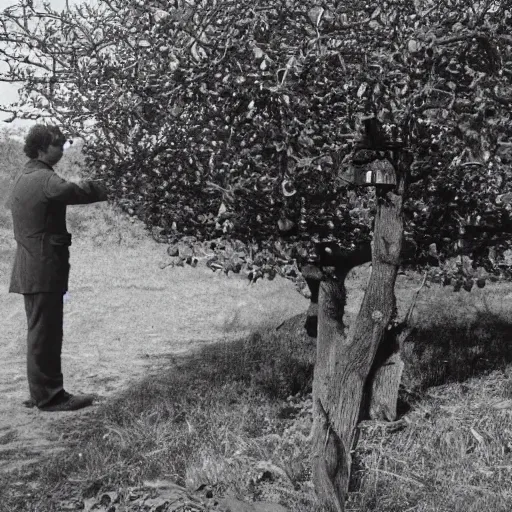 Prompt: a man is standing by apple tree. he watches a girl who has a very large silver key. folk horror. eerie. fine detail. realistic. fireflies