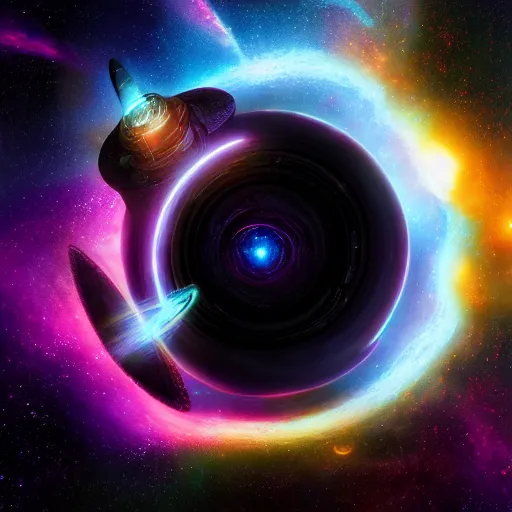 Image similar to glowing glorious 3D black hole in movie, intergalactic, space theme, galaxy colored, hyperdetailed, digital painting, trending on Artstation, cel-shading style, CG society, hyperdetailed, digital painting, hypermaximalist, golden ratio, volumetric, octane render, weta digital, micro details, 3d sculpture