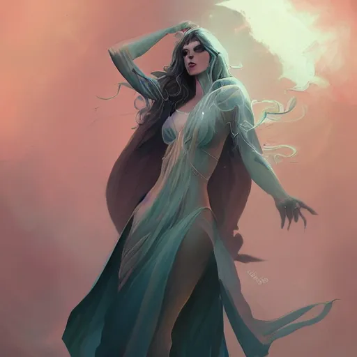 Image similar to a beautiful sorceress in long flowing robes, by charlie bowater, loish, peter mohrbacher, artgerm, greg rutkowski, krenz cushart, wlop, trending on artstation