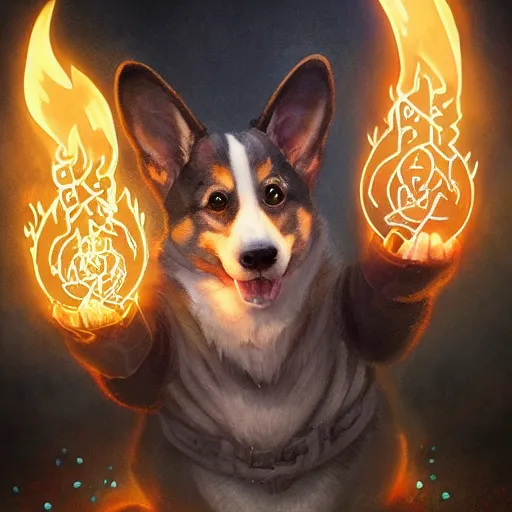 Prompt: corgi d & d character, casting a magical spell, arcane runes, glowing spell effects, flames, extremely detailed digital illustration, artgerm, greg rutkowski, trending on artstation, award - winning, 8 k