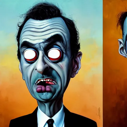 Image similar to mr. bean mad scientist psychopath, caricature, portrait by gaston bussierre and charles vess and james jean and erik jones and rhads, inspired by rick and morty, epic, funny, huge scale, beautiful fine face features, intricate high details, sharp, ultradetailed