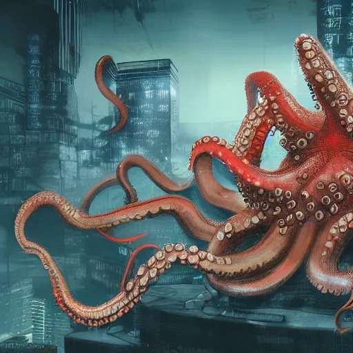 Prompt: Illustration of the Chinese communist party as a dirty octopus with lots of tentacles, dystopian, dirty, 3d shaded, cyberpunk, cgsociety, imax, highly detailed