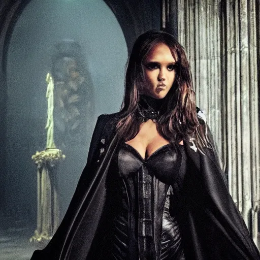 Prompt: jessica alba as a female demon in a gloomy gothic cathedral at night