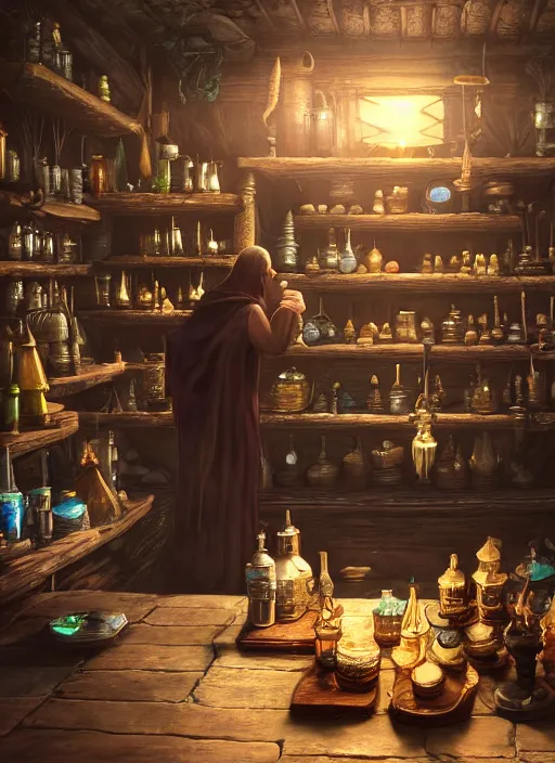 Prompt: potion seller in his store selling potions, ultra detailed fantasy, elden ring, realistic, dnd, rpg, lotr game design fanart by concept art, behance hd, artstation, deviantart, global illumination radiating a glowing aura global illumination ray tracing hdr render in unreal engine 5