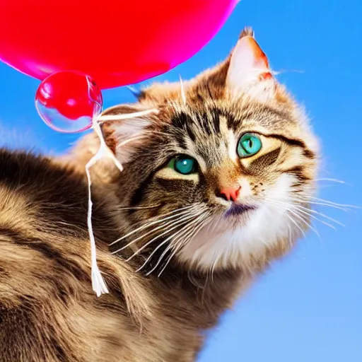 Image similar to a domestic house cat clinging onto the bottom of a string tied to a balloon in the blue sky