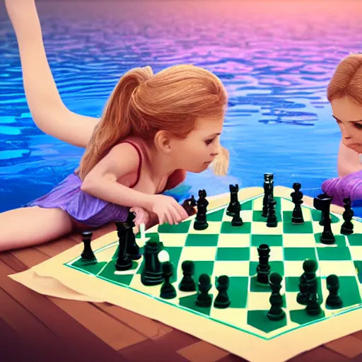 Image similar to Cute girls are playing chess underwater, photorealistic render