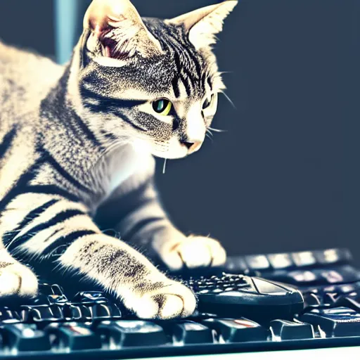 Image similar to a cat playing videogames with paws on a gaming keyboard and wearing a headset, photorealistic, instagram post 4k, highly detailed