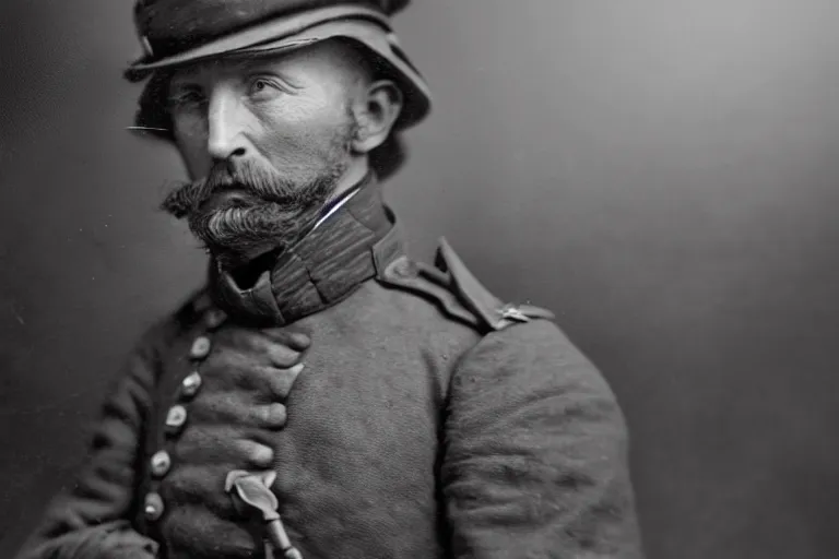 Image similar to still photo of 1 9 th century war man looking at the camera in a battlefield, black and white color aesthetic, highly detailed, photorealistic portrait, bright studio setting, studio lighting, crisp quality and light reflections, unreal engine 5 quality render