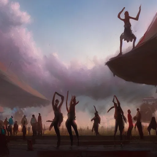 Prompt: concept art, air dancers by farmer's market, 8 k, by james gurney, greg rutkowski, and john howe, background of the sky at dusk, artstation