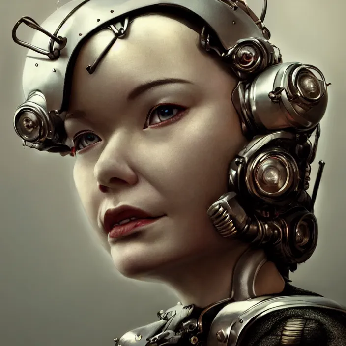 Image similar to hyper - realistic bjork leather cyborg - by tom bagshaw, by ilya kuvshinov, rtx rendering, octane render 1 2 8 k, maya, extreme high intricate details by wlop, digital anime art by ross tran, medium shot, close up shot, composition by sana takeda, dramatic lighting by greg rutkowski, 8 k, trending on artstation