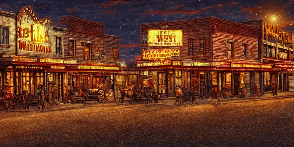 Image similar to photorealist painting of wild west small town, western, old west, nighttime, high production value, intricate details, high resolution, hyperrealistic, hdr, high definition, masterpiece, ultra realistic, highly detailed, hd, sharp focus, non blurry, sharp, smooth