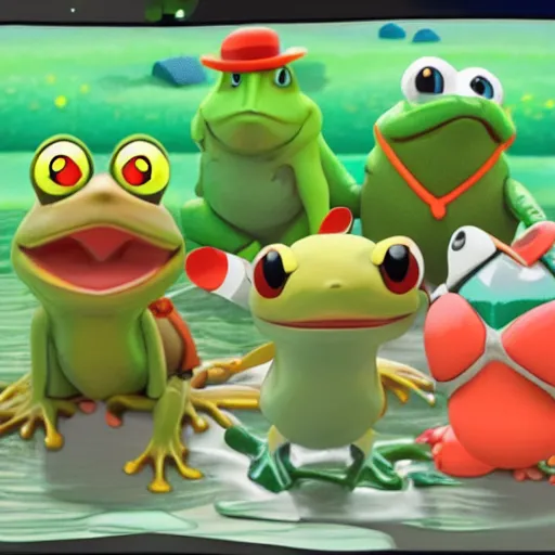 Prompt: frog made out of other frogs, wes anderson, screenshot from pokemon sword and shield