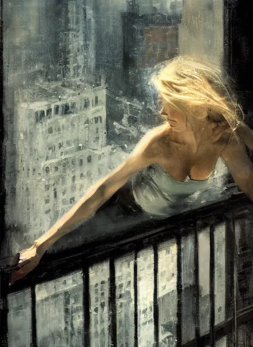 Prompt: painting of a beautiful blonde woman leaning over a balcony at night, looking down at the out of focus cityscape below, by Jeremy Mann, stylized, detailed, dark tones, emotional