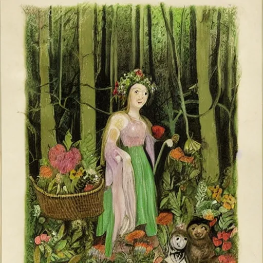 Image similar to In the body art Vasilisa can be seen standing in the forest, surrounded by animals. She is holding a basket of flowers in one hand and a spindle in the other. Her face is turned towards the viewer, with a gentle expression. In the background, the forest is depicted as a dark and mysterious place. botanical illustration, pastel green by Genndy Tartakovsky, by Charles Angrand peaceful