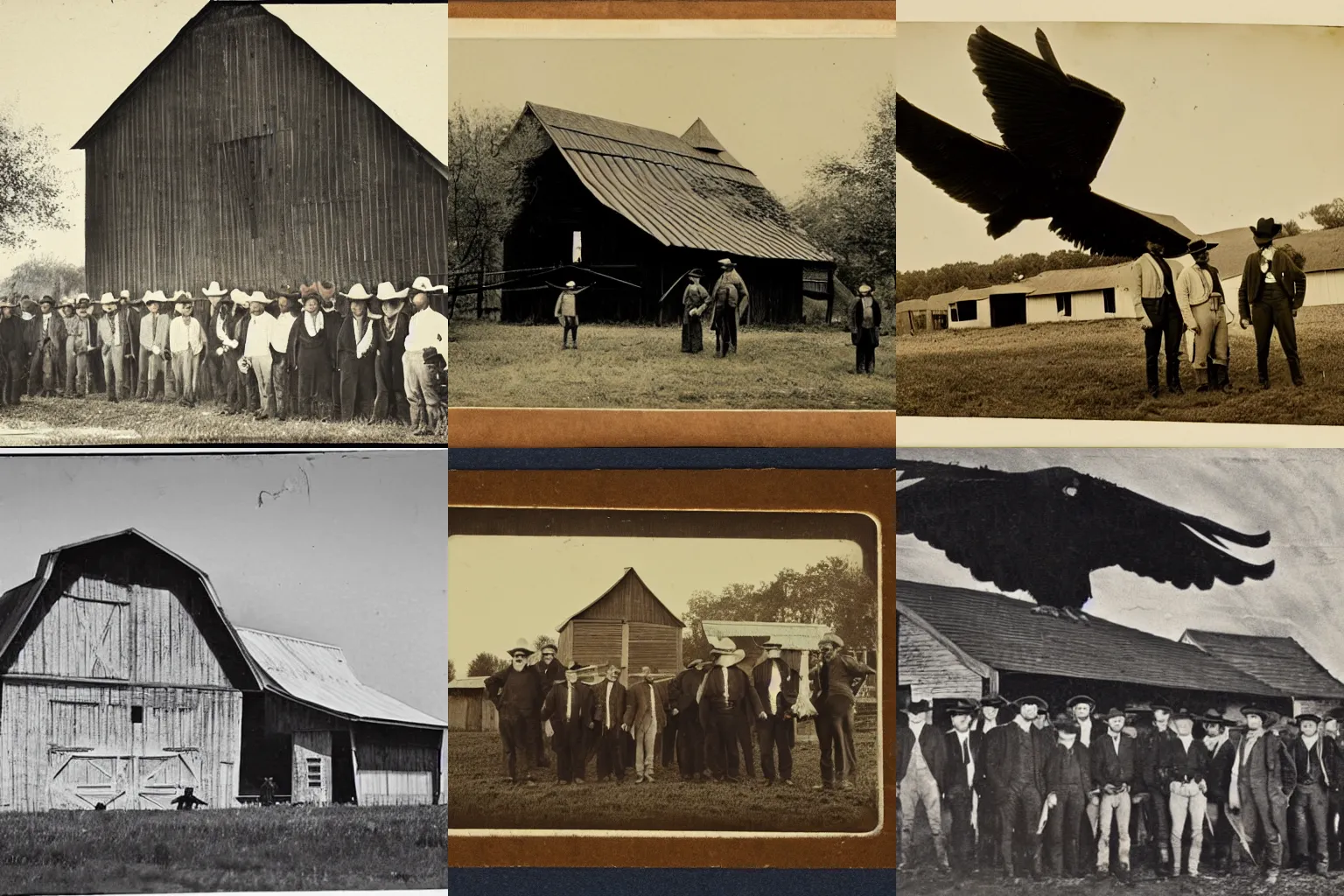 Prompt: a vintage 1800s photo of a giant black bird attached to a barn with its wings outstretched. Men in cowboy hats are standing in a line front of the barn