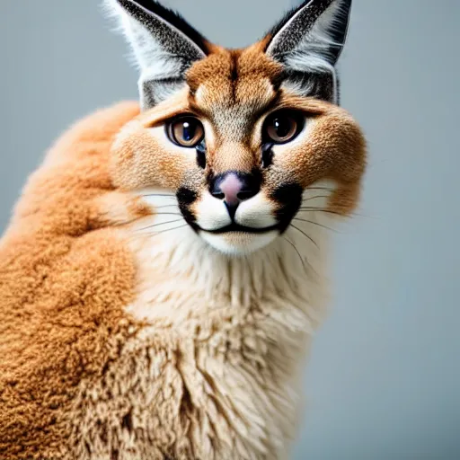 Image similar to a photo of cute fluffy caracal wearing white jumpsuit, close up portrait, studio photography, 8 k