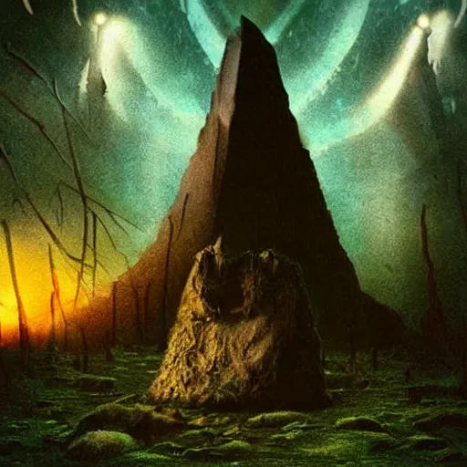 Image similar to old photograph of aliens surrounding a giant alien monolith in a haunted forest, epic composition