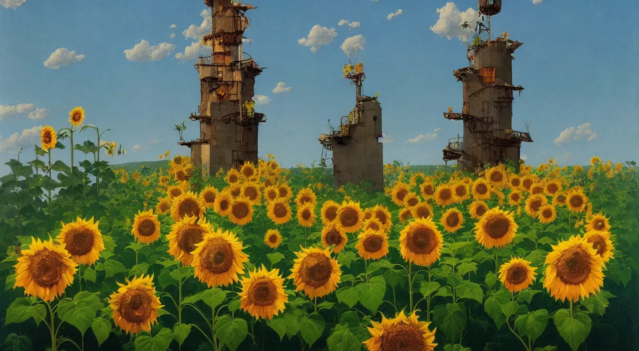 Prompt: single flooded simple sunflower tower!, very coherent and colorful high contrast!! masterpiece by rene magritte simon stalenhag carl spitzweg syd mead norman rockwell edward hopper james gilleard, minimalist, dark shadows, sunny day, hard lighting