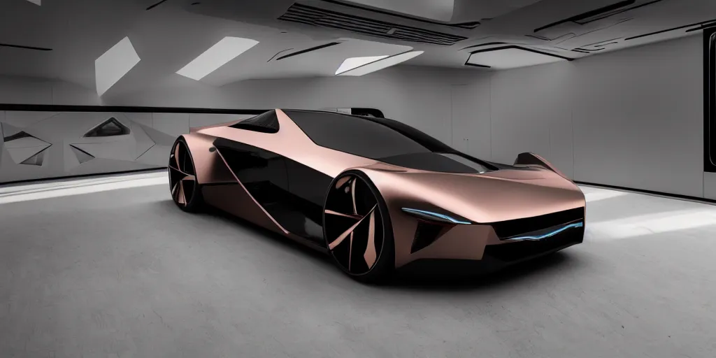 Image similar to a design of a futuristic vehicle, designed by Polestar, cyberpunk 2077 background, brushed rose gold car paint, black windows, dark show room, dramatic lighting, hyper realistic render, depth of field