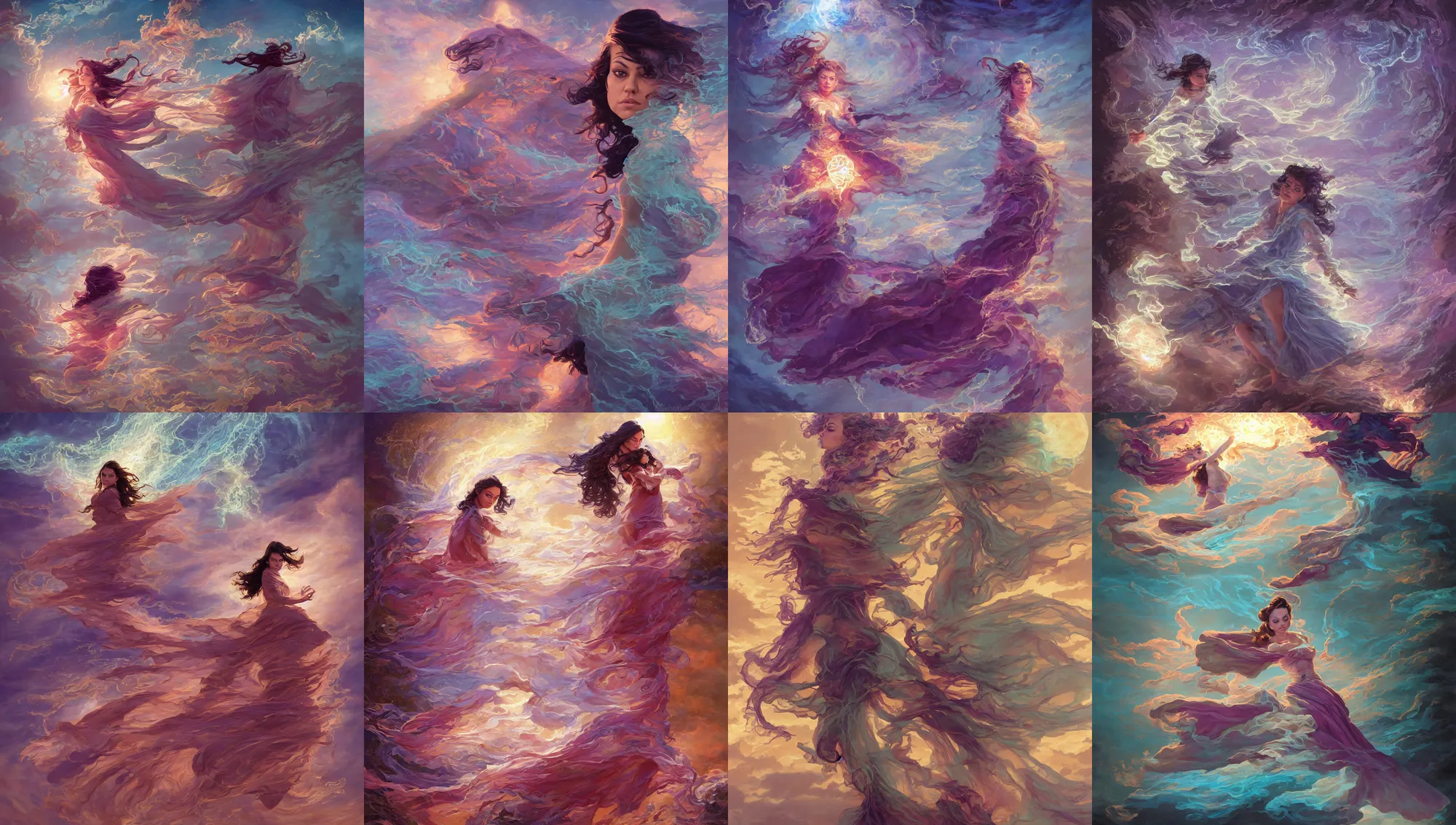 Image similar to mila kunis, wind sorcerer, intricate robes, gloomhaven, luminescent, colorful swirly magic ripples, pastel colors, by greg manchess, huang guangjian, gil elvgren, sachin teng, greg rutkowski, jesper ejsing, ilya kuvshinov, focal length : 2 0 0. 0 mm