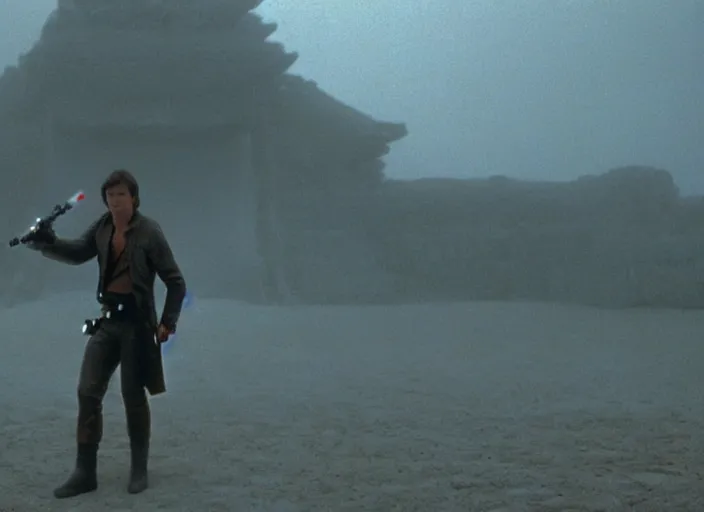 Image similar to epic still of Han Solo using lightsaber in foggy environment, approaching an ancient temple in the distance, iconic scene from the 1980s film directed by Stanley Kubrick, cinematic lighting, kodak film stock, strange, hyper real, stunning moody cinematography, with anamorphic lenses, crisp, detailed portrait, 4k image