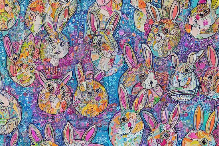 Image similar to beautiful art illustration of a group of rabbits by laurel burch, highly detailed