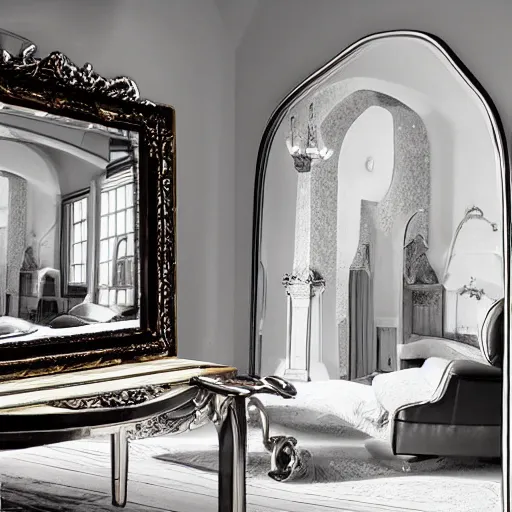 Image similar to castle interior with a magical mirror with silver frames floating around while shooting magic, digital art