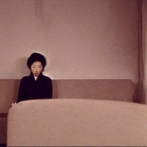 Image similar to a woman in a hanbok sitting on a couch, a starfish monster\'s arm coming through the window, minimal cinematography by Akira Kurosawa, movie filmstill, film noir, thriller by Kim Jong-il and Shin Sang-ok, abstract communism, occult epic