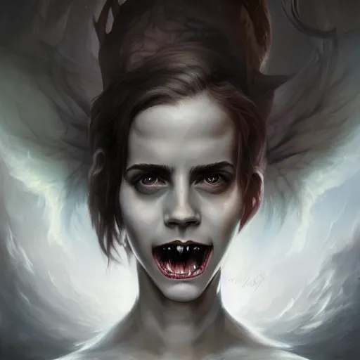 Prompt: emma watson demonic birth from insanity dimension by peter mohrbacher