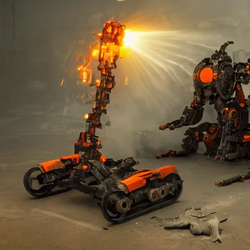 Prompt: wheelbarrow mecha, dark messy smoke - filled cluttered workshop, dark, dramatic lighting, orange tint, sparks, cinematic, highly detailed, sci - fi, futuristic, movie still