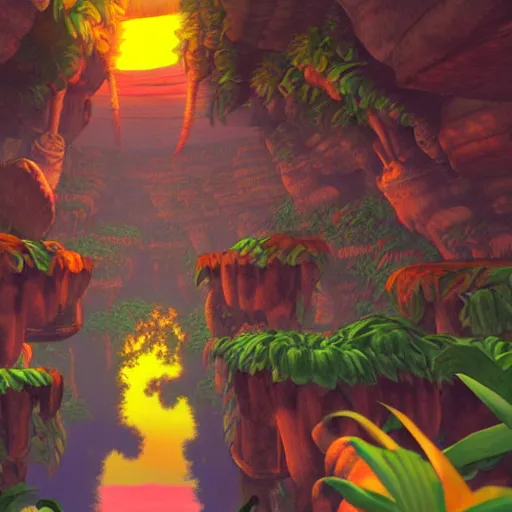 Image similar to photo of a sunset inside the first level of donkey kong country ( 1 9 9 4 ), real life, photorealistic, soft focus, long exposure