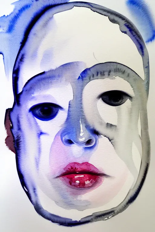 Image similar to watercolor in wet paper, a profile face portrait liquid white of a human white face that melt down flow go runny by marlene dumas, face painted with white thick fluid, detailed watercolor, light colors, grainy, contrast