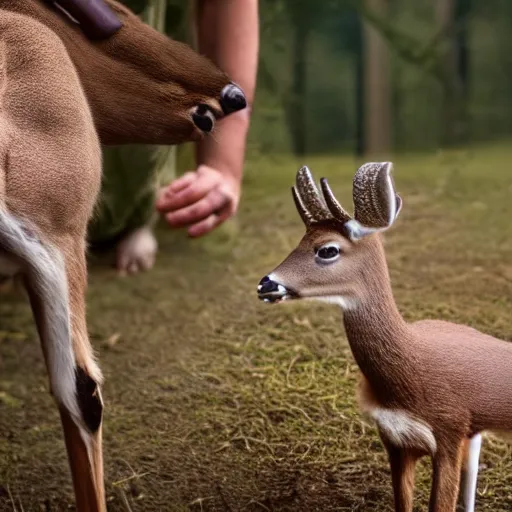 Image similar to a deer being pet by a little boy, cinematic scene