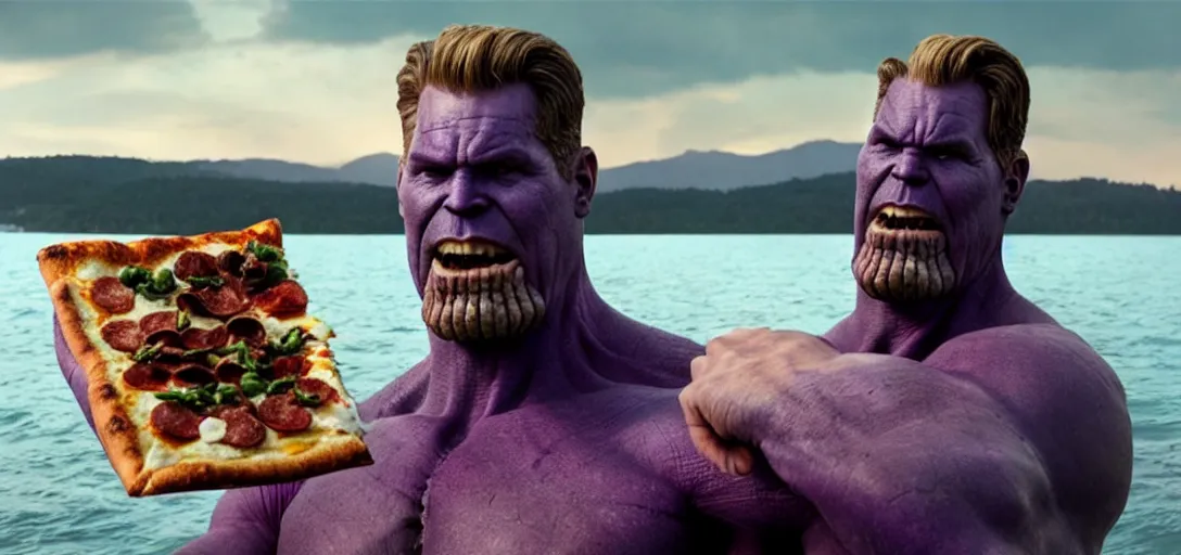 Image similar to a very high resolution image from a new movie. thanos eating pizza on a lake, photorealistic, photography, directed by wes anderson