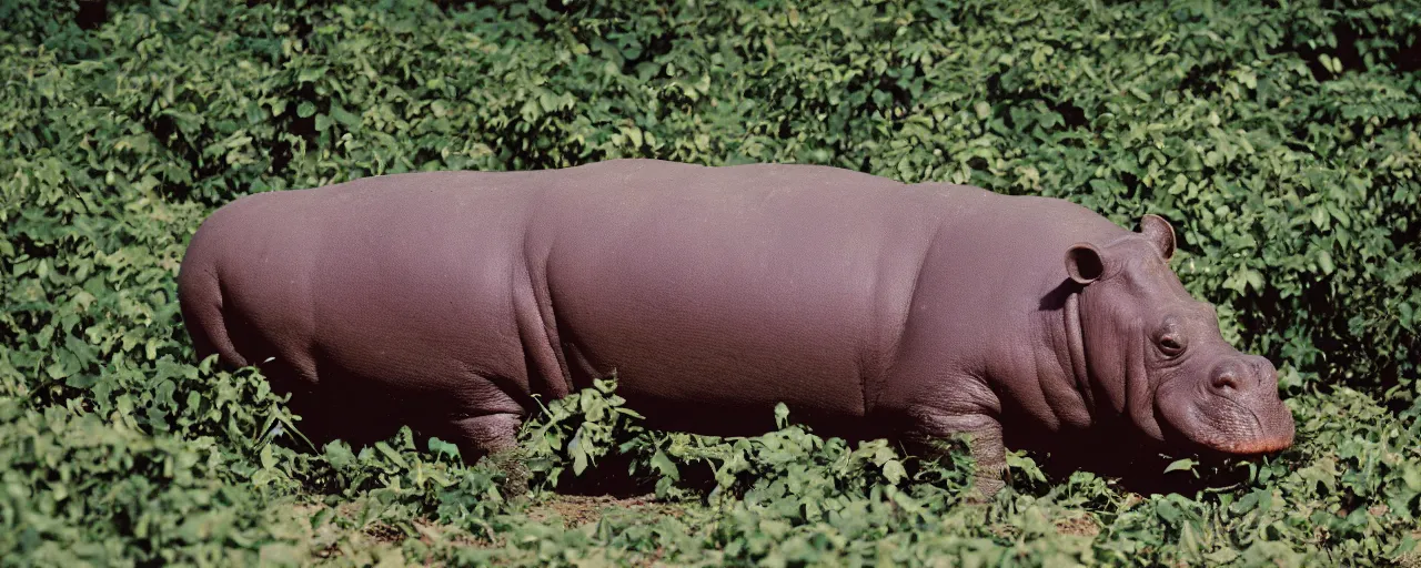 Prompt: a single hippo eating spaghetti off a bush, in the style of national geographic, canon 5 0 mm, film, kodachrome, retro, muted