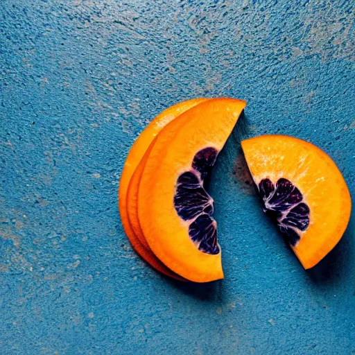 Image similar to A blue orange sliced in half laying on a blue floor in front of a blue wall