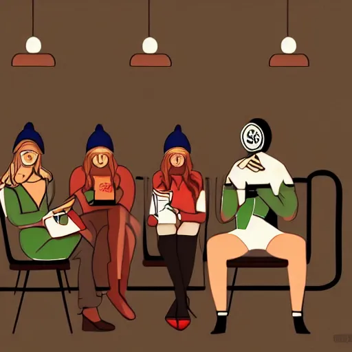 Image similar to hot girls sitting at starbucks being drawn by creepy guy in beanie, 8 k resolution, cinematic lighting, anatomically correct