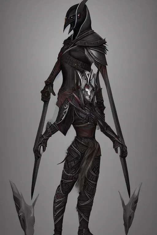 Prompt: female adventurer in tight full - body ebony leather armor of dunmer design with white porcelain crow mask, trending in artstation, establishing shot