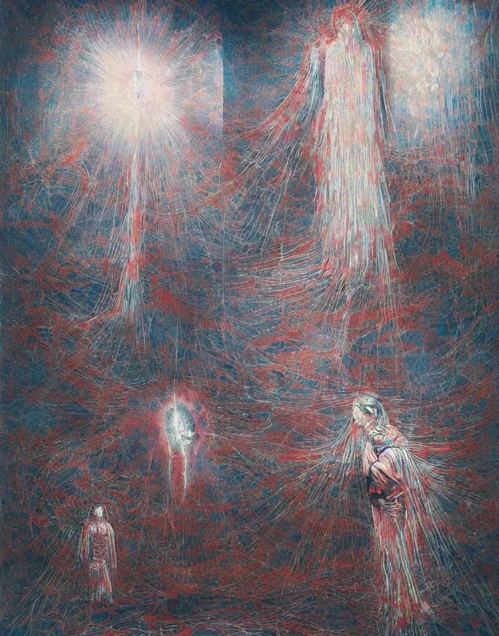 Prompt: worshippers in robes holding a very large crystal tesseract radiating white light, interior of a small room, glowing crystal tesseract!!!!!!!!!!!!!!!!!!, beksinski painting, part by adrian ghenie and gerhard richter. art by takato yamamoto. masterpiece, deep colours