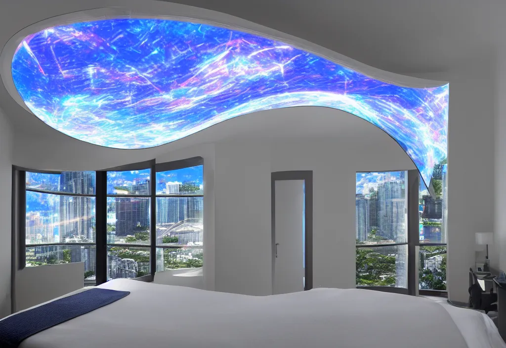 Image similar to curved translucent windows projecting florida hologram weathermap, pixel perfect photograph, high contrast, volumetric lighting, thin glowing lights, bedroom, visor, users, pair of keycards on table