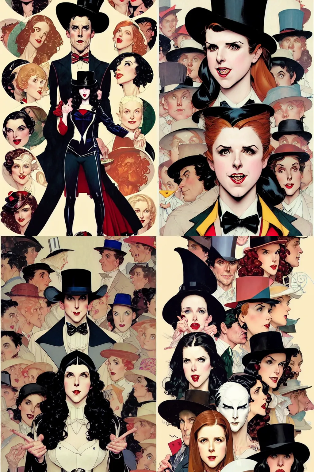 Prompt: Joshua Middleton comic art, Norman Rockwell, David Baldeon art, pretty female Anna Kendrick Zatanna DC Comics magician, coy smile, symmetrical face, symmetrical eyes, long black hair with tophat, full body, on stage::